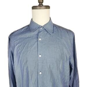 Hugo Boss Mens Sharp Fit Long Sleeve Dress Shirt Blue White Stripe Size 17.5 34